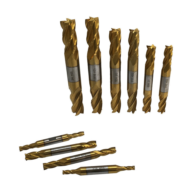 10 Pc 3/16'' - 3/4'' HSS Tin Coated 4 Flute Double End Mill Set Milling Drilling