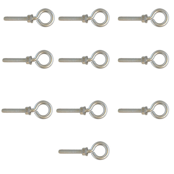 10 Pc Fully Threaded Marine Stainless Steel 1/2" x 4" Turned Eye Bolt Nut and Washers
