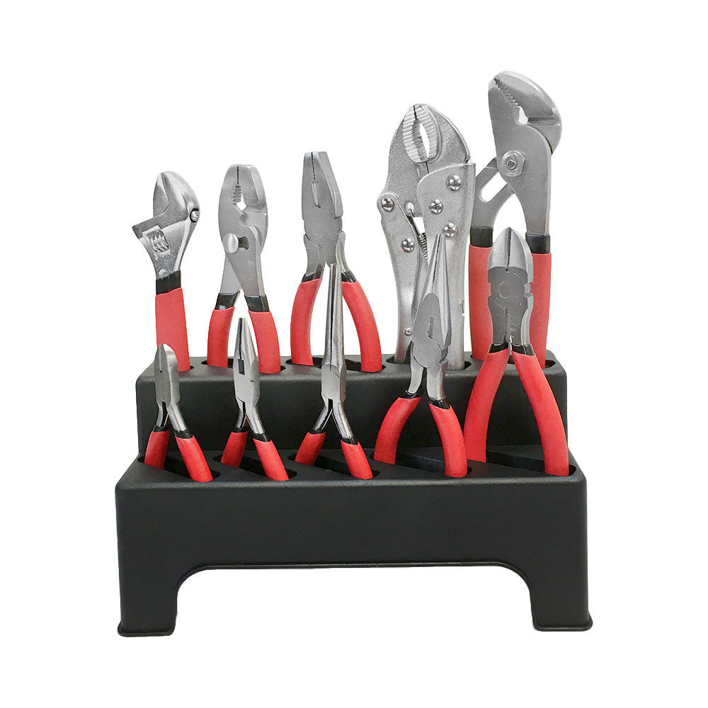 10 piece pliers and wrench set with red non-slip handles displayed on black stand.