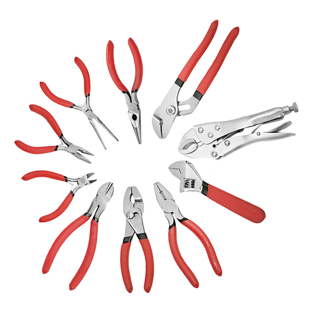 Assorted carbon steel pliers and wrenches with ergonomic red grip handles.