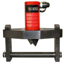 Red hydraulic flange spreader mounted on heavy duty black steel frame