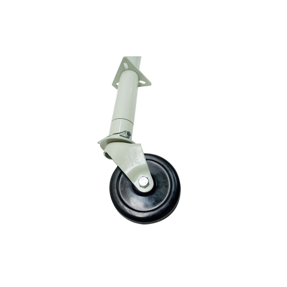 Manual trailer tongue jack with black plastic wheel and crank