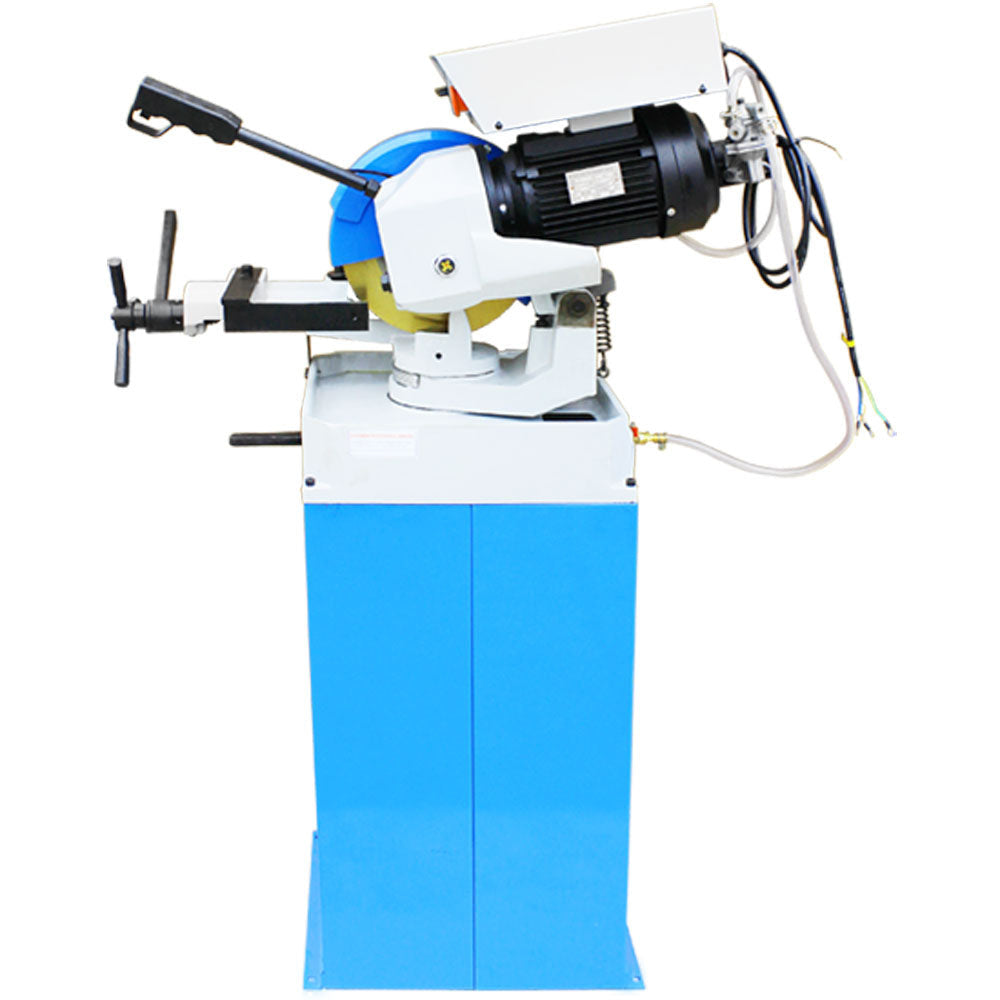 Blue and white cold saw for industrial metal cutting operations