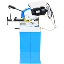Blue and white cold saw for industrial metal cutting operations