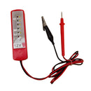 12V car battery and alternator load tester with red casing, LED indicator lights, and testing probes with cables.