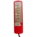 Automotive 12-volt battery tester featuring LED display, black alligator clip, and red probe wire for quick diagnostics.