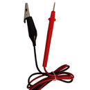 Red 12V car battery load tester showing voltage indicators and connected testing leads with probe and clamp.