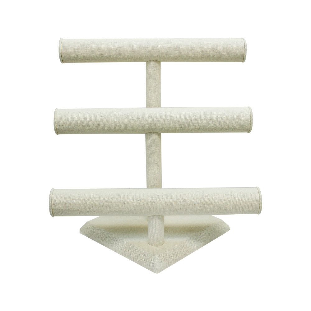 12" x 10" Beige Linen Wrapped Oval Triple Round T-Bar Jewelry Display Watches Necklaces Bracelets Holder