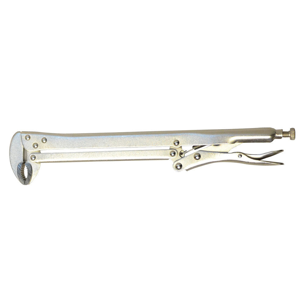 Extra long 90-degree bent nose locking pliers with extended reach for gripping in tight spaces.