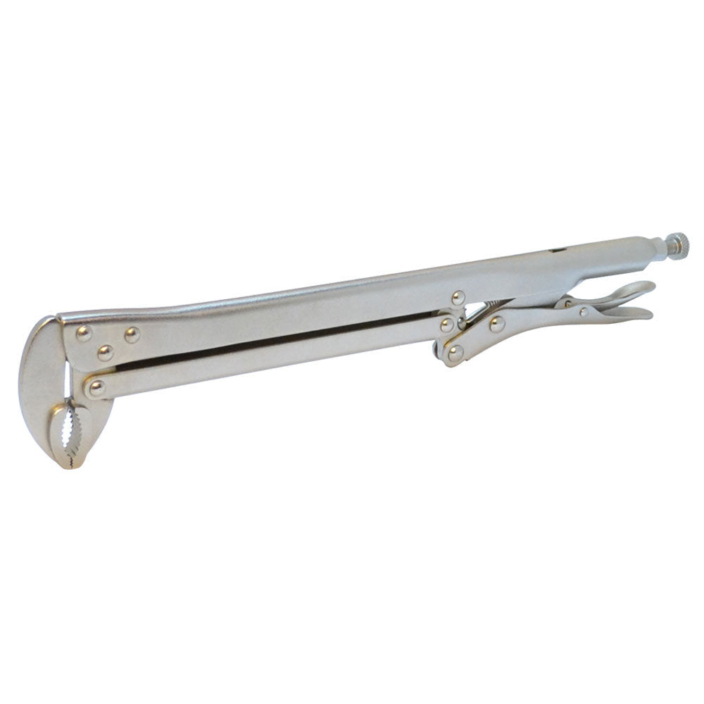 Silver long-reach locking pliers featuring angled jaws and adjustable clamp mechanism.