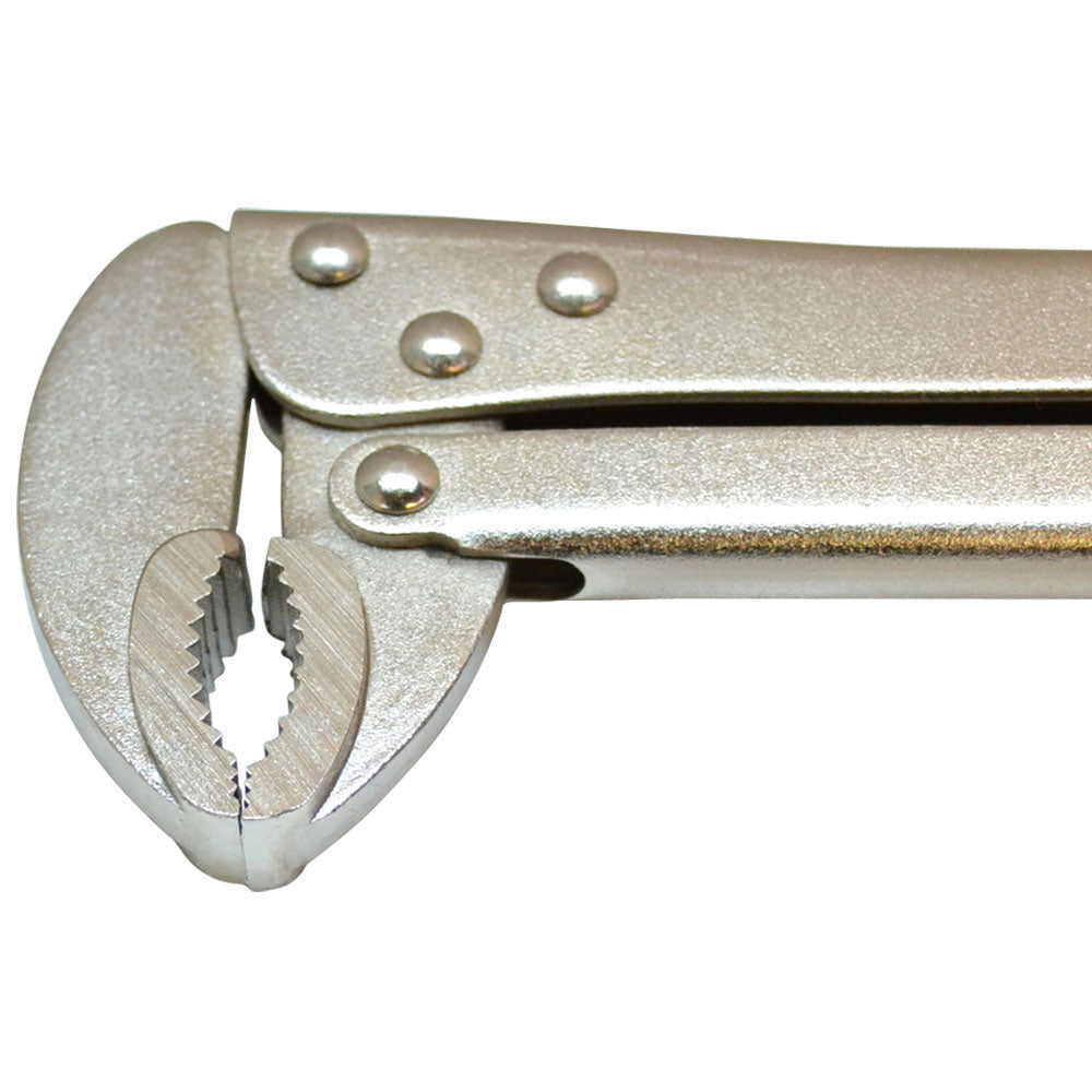 Heavy-duty long handle locking pliers with curved jaws for automotive and mechanical work.