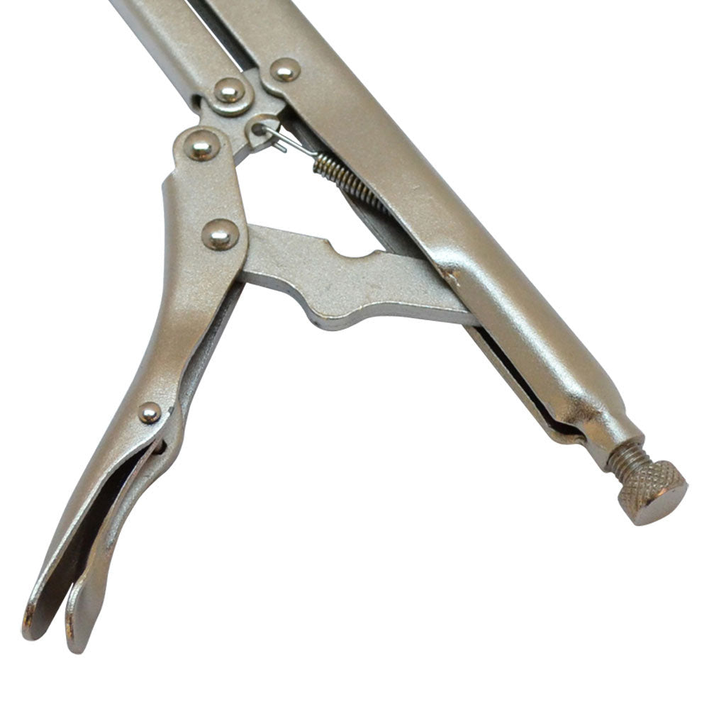 Extended reach locking pliers with bent nose design and adjustable tension screw.