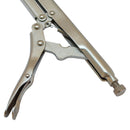 Extended reach locking pliers with bent nose design and adjustable tension screw.