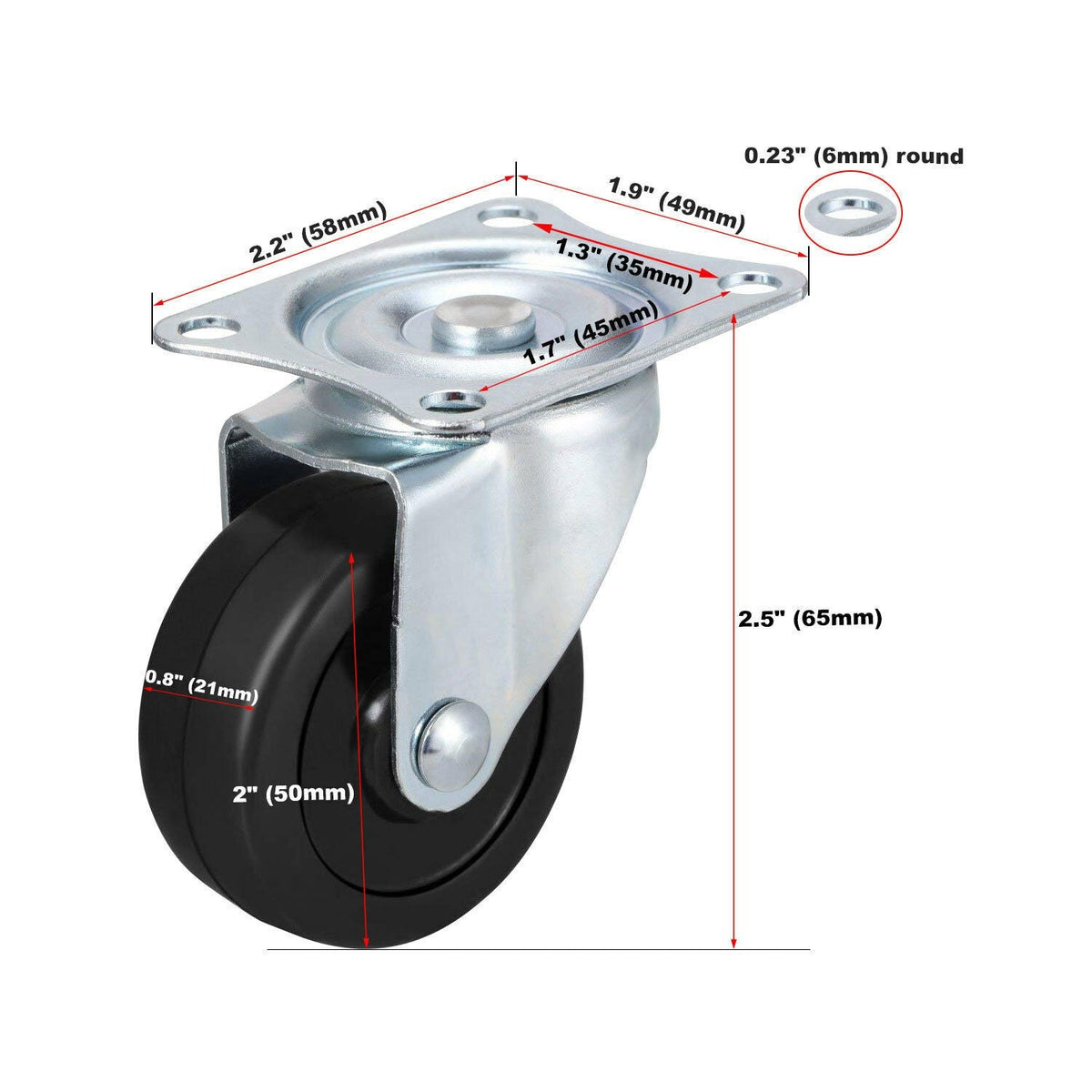 2 Pc 2'' Swivel Caster wheels Rubber Base With Top Plate And Bearing