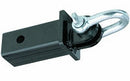 Close-up of 2-inch hitch receiver tube with attached silver clevis bow shackle.