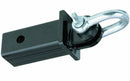 Heavy-duty black steel hitch receiver with galvanized D-ring shackle for towing.
