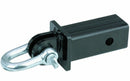 Black powder-coated hitch receiver adapter with silver bow shackle and pin.