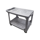 Two-shelf heavy duty plastic utility cart with wheels and flat top surface