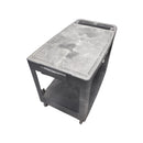 Gray rolling utility cart with handle and storage shelves for workshop use