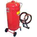 Red 28-gallon portable sand blaster on wheels with coiled vacuum hoses and blasting gun.