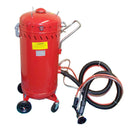 Tall cylindrical red sandblaster tank with handle, wheels and attached vacuum hose system.