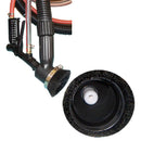 Mobile vacuum sand blaster unit in red with two wheels and black suction hoses wrapped around the back.