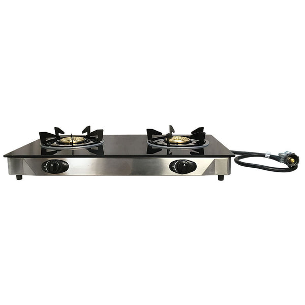 28" x 15" Propane Double Stove 2 Gas Burner Tempered Glass Cooktop Auto Ignition Stainless Steel Body