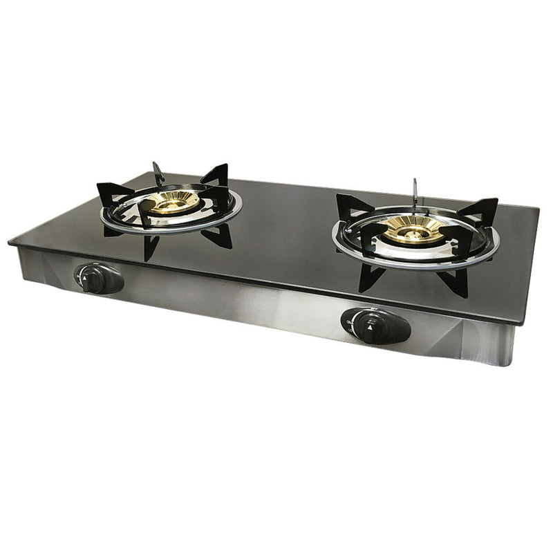 28" x 15" Propane Double Stove 2 Gas Burner Tempered Glass Cooktop Auto Ignition Stainless Steel Body