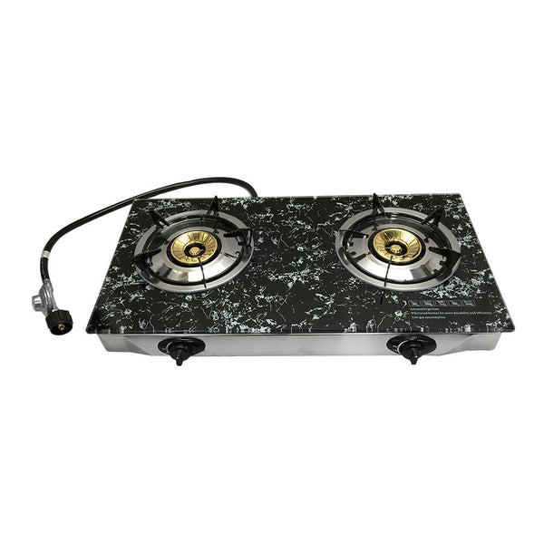 28" x 17" Propane Double Stove 2 Gas Burner MARBLE PRINT Tempered Glass Cooktop Steel Body
