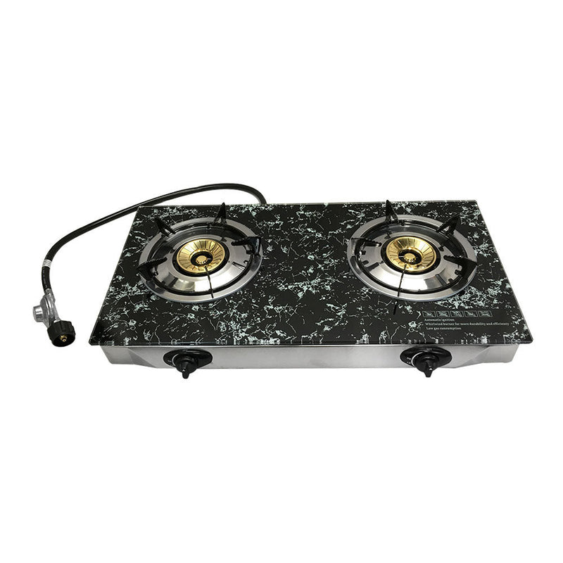 28" x 17" Propane Double Stove 2 Gas Burner MARBLE PRINT Tempered Glass Cooktop Steel Body