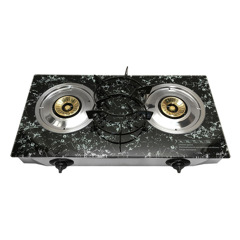 28" x 17" Propane Double Stove 2 Gas Burner MARBLE PRINT Tempered Glass Cooktop Steel Body