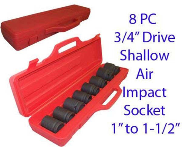 3-4" DR 8 PC SHALLOW AIR Impact Socket Truck SAE 1 to 1-1-2"