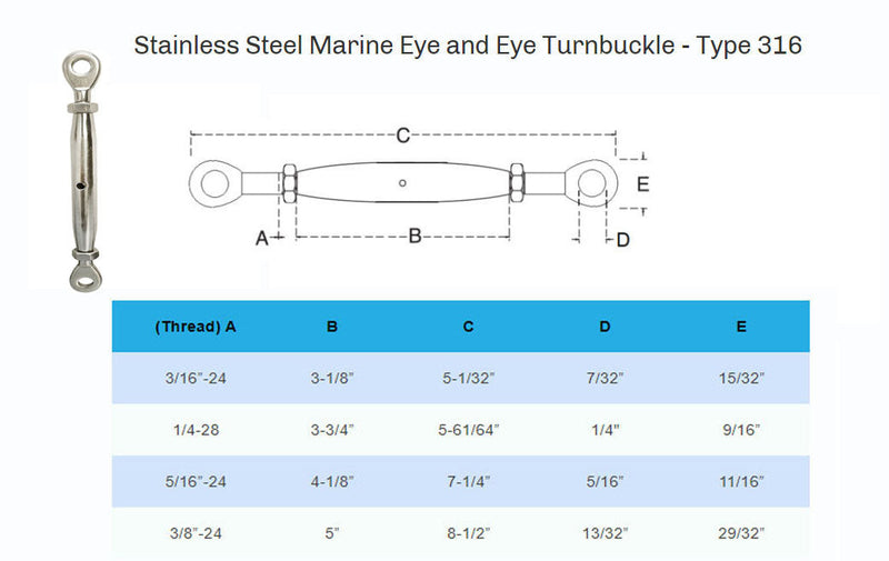 3/8'' Marine Stainless Steel Closed Body Turnbuckle EYE EYE Rigging Boat 700Lbs