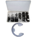 E-clip retaining ring assortment kit showing multiple sizes from 1/16 inch to 7/8 inch.