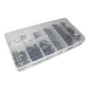 Steel E-clip snap ring set in clear divided storage case for automotive and machinery use.
