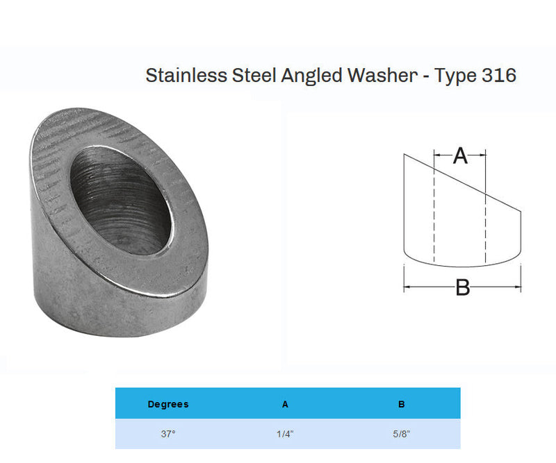 316 Stainless Steel 37 Degree Angled Beveled Washer For Cable Railing - 1-4" Cable (Qty 5)