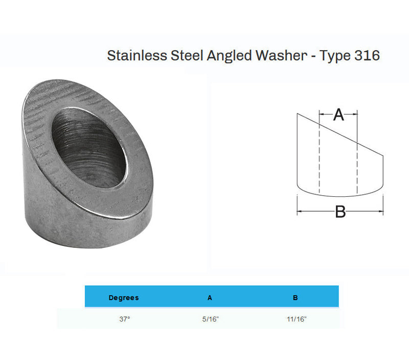316 Stainless Steel 37 Degree Angled Beveled Washer For Cable Railing - 5-16" Cable (Qty 5)