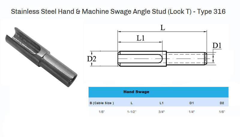 316 Stainless Steel Hand Swage Angle Stud for Cable Railing - 1/8" Cable (Qty 5)