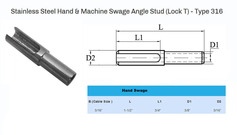 316 Stainless Steel Hand Swage Angle Stud for Cable Railing - 3/16" Cable (Qty 5)