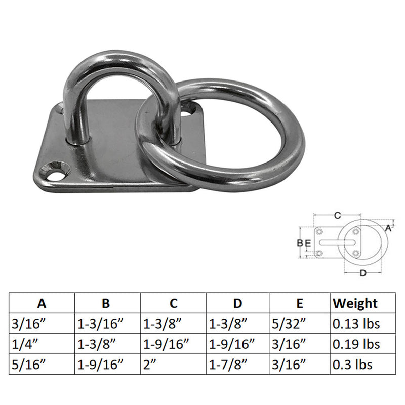 4 PC Stainless Steel 304 Square Pad Eye Plate W Ring 3/16" Welded Formed Marine Boat Rigging