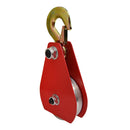 Red snatch block pulley with gold swivel hook and silver aluminum sheave wheel.