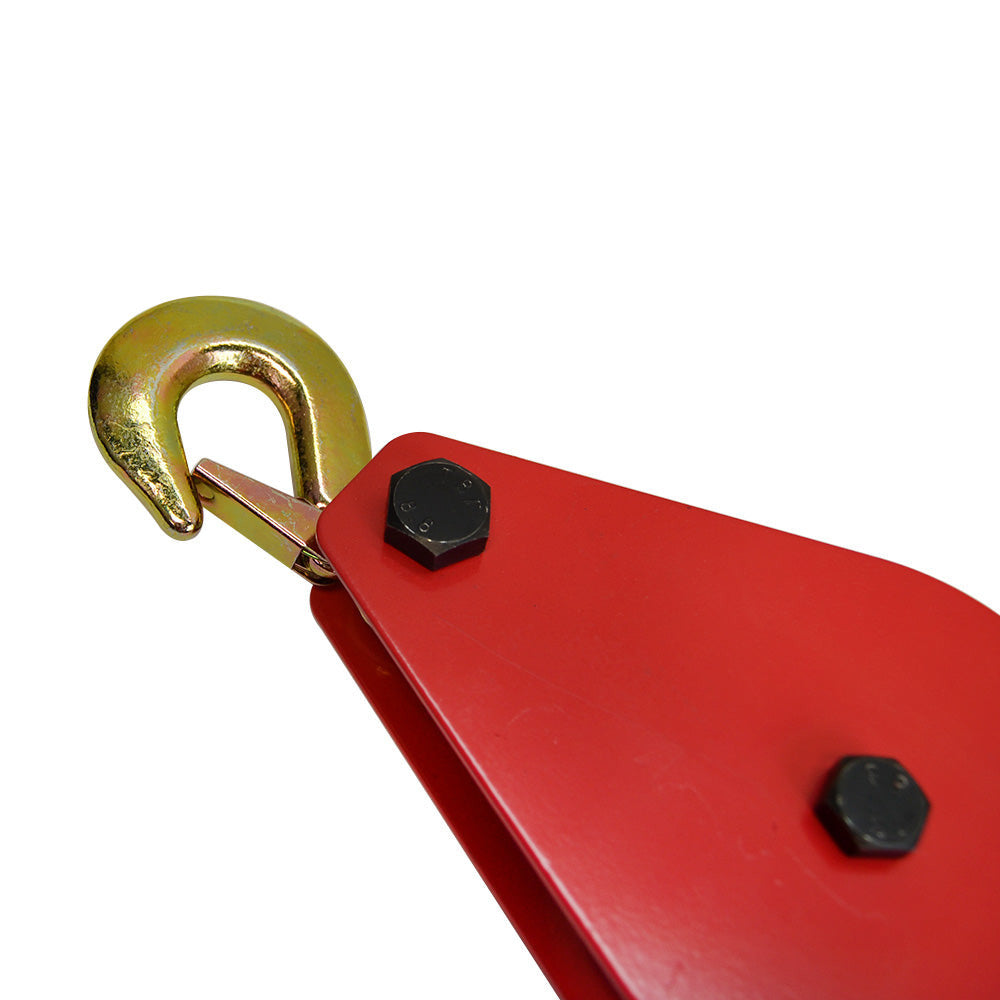 Heavy-duty 4" wire rope pulley block with safety hook and aluminum sheave.