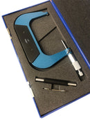 4-5 inch machinist micrometer set with calibration rod and wrench in foam-lined box.