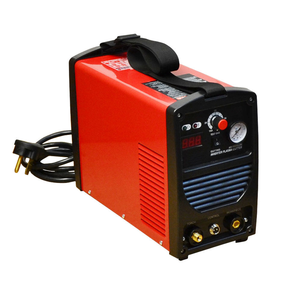 Compact red plasma cutting machine with carrying handle, control panel, long torch lead and ground cable laid out in front