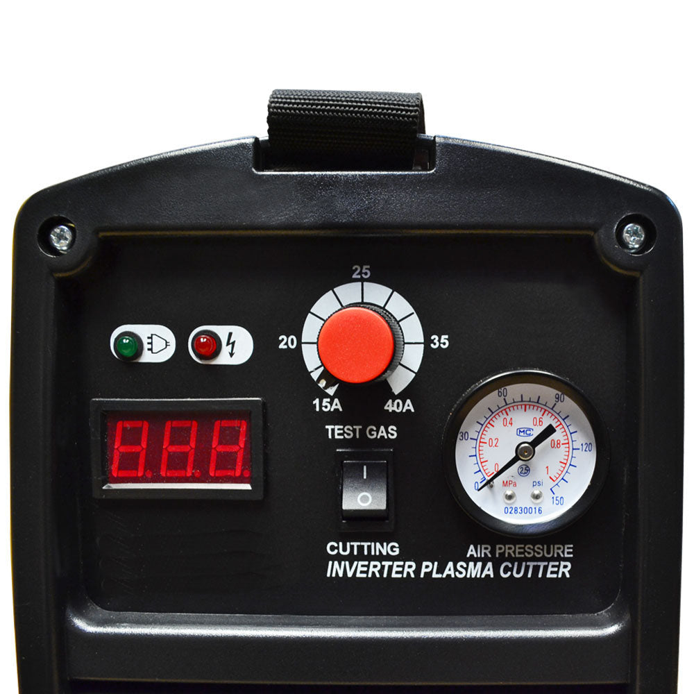 Metal plasma cutter welder in red case with side vents, front controls, and included cutting torch and ground clamp
