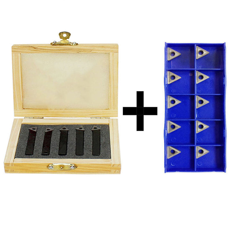 5 PC 1/4'' Indexable Carbide Insert Lathe Turning Tool Bit + 10 Pc Tips COMBO