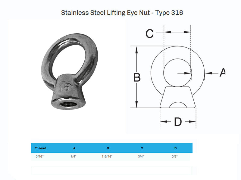 5 PC 5/16" Boat Marine 316 Stainless Steel Lifting Eye Nut 800 Lbs Cap UNC Tap