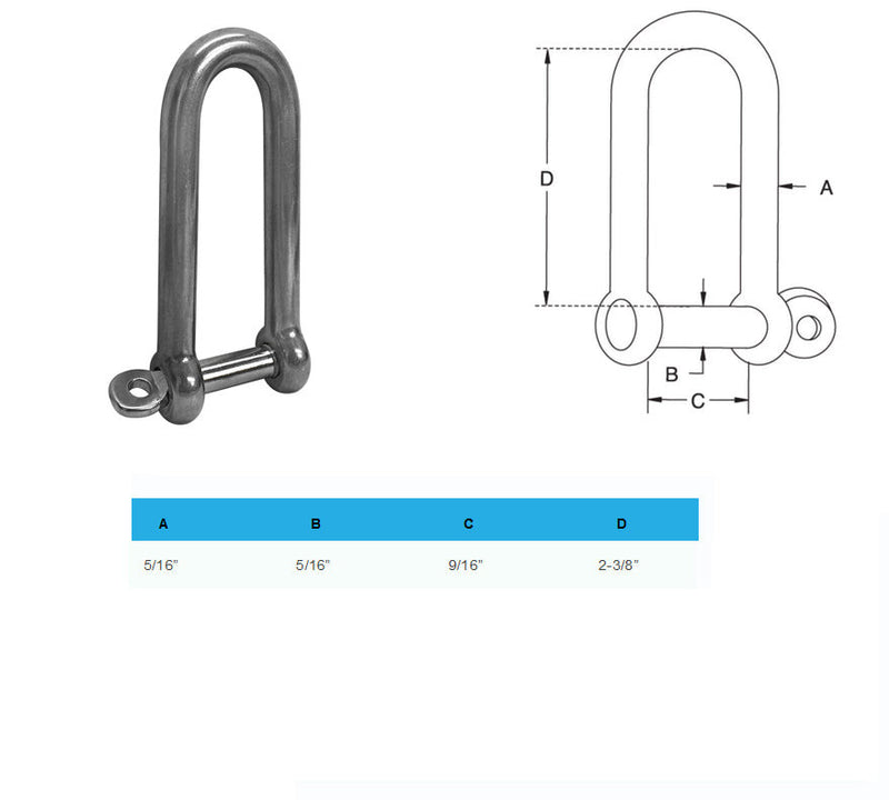 5 Pc 5/16" Boat Marine Stainless Steel Long D Shackle W- Captive Pin Rigging 500 Lbs Cap.