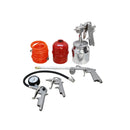 5 piece air tool kit with tire inflator, spray gun, air duster, wash gun, and orange recoil hose.