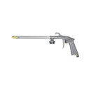Pneumatic air tool kit with silver spray gun, red air tank, orange hose, and air duster tools.